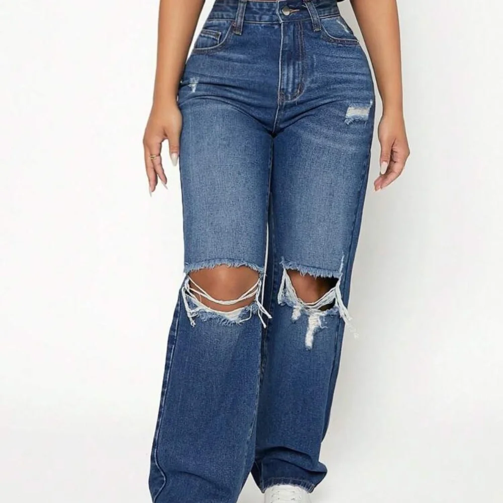 SOLD SHEIN PETITE Ripped Frayed Cut Out Straight Leg Jeans Blue Dark Wash - Picture 1 of 6